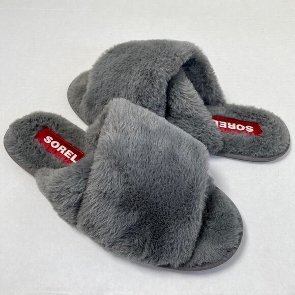 Sorel Go Mail Run Slipper Quarry Quarry Gray Faux Fur Open Toe Slip On 9 - Picture 1 of 12
